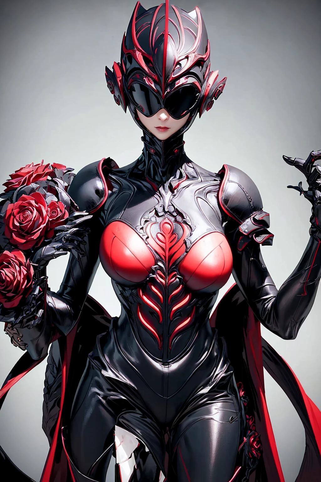 Beautiful girl fused with a Rose. (High quality) （black and Red image color）. body suit. Queen dress. cyber style. Circuit pattern. Biological Armor. Biological helmet. eye mask.