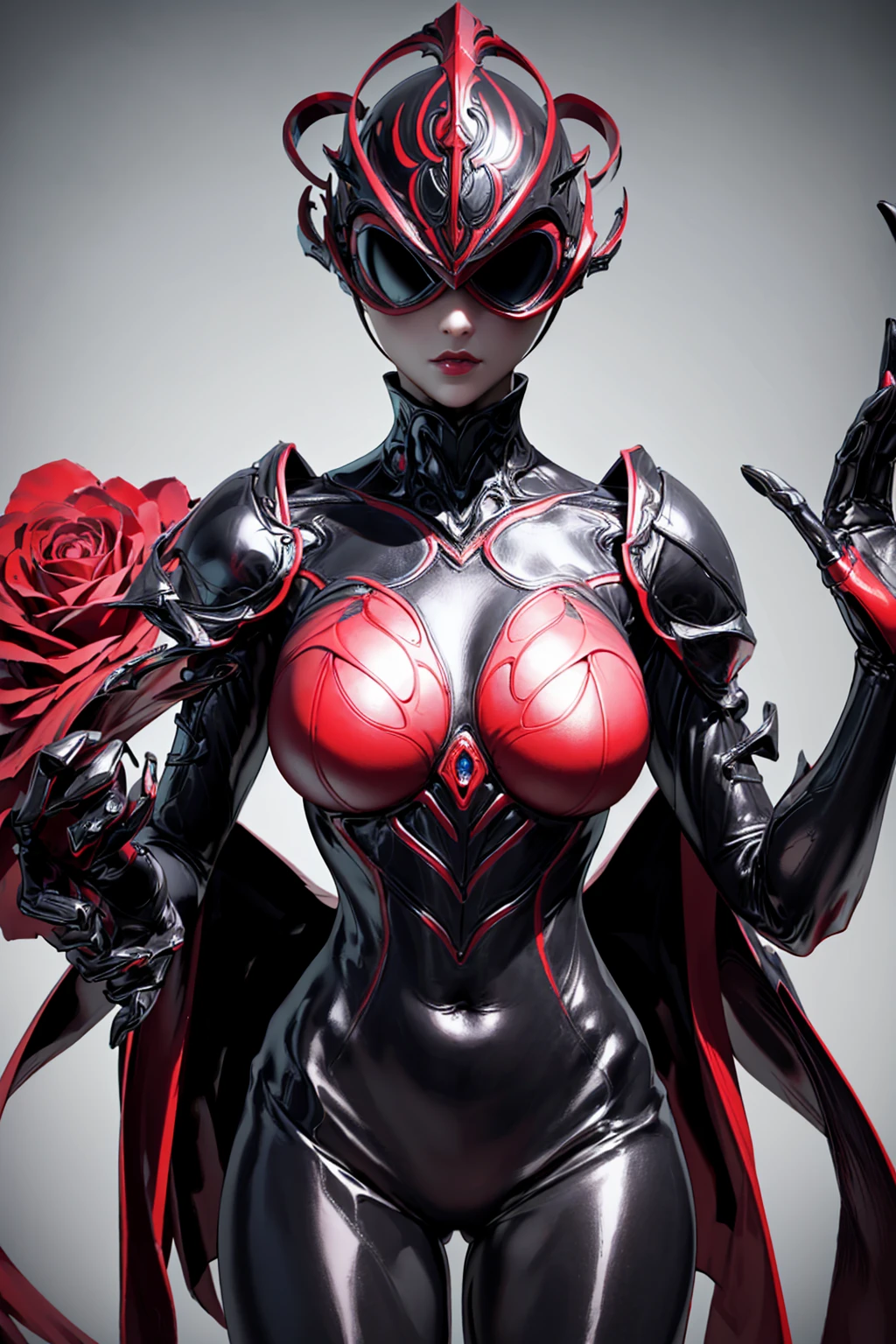 Beautiful girl fused with a Rose. (High quality) （black and Red image color）. body suit. Queen dress. cyber style. Circuit pattern. Biological Armor. Biological helmet. eye mask.