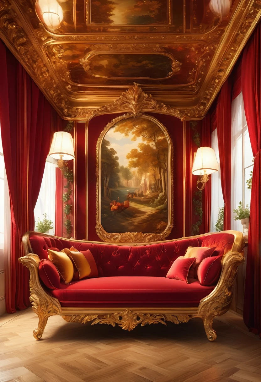 (masterpiece),(highest quality), highres, (extremely detailed), (best lighting) Luxurious carriage interior, compartment, carriage, inspired by Carl Spitzweg, cramped space, baroque, renaissance, victorian small room, one large opulent crimson sofa in front, small windows with crimson curtains on both sides, wooden panelled walls, adventure game, shining reflective wooden floor, golden lamp above, apliques, small table beside sofa, carved reflective baroque ceiling, crisp image quality, symmetrical environment