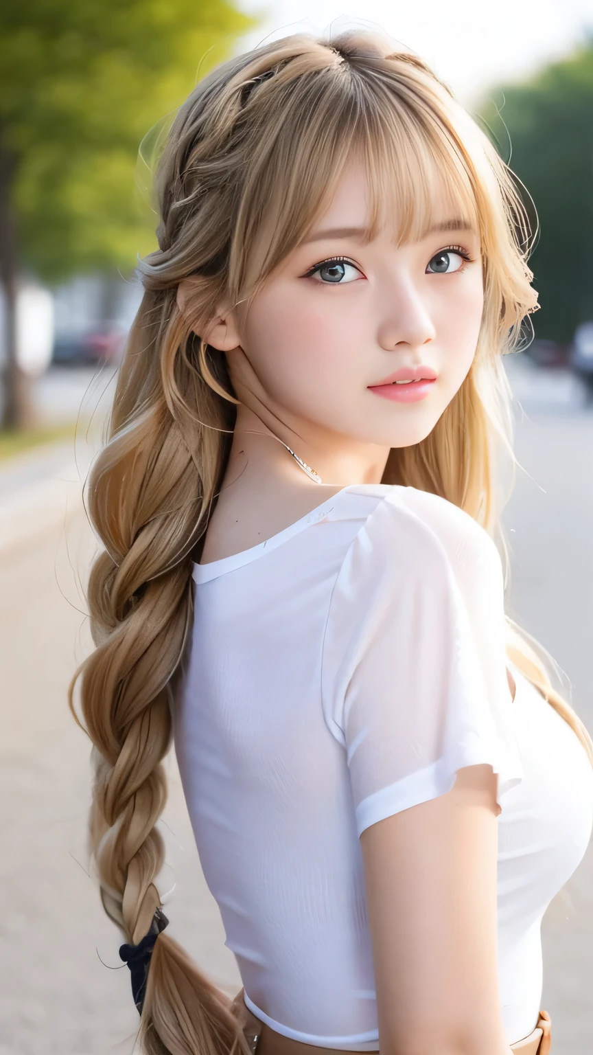 Sexy Big 、Sexy cute looks and cute  beautiful girl, beautiful and sexy face、A strong wind blows my hair in front of my face、beautiful long blonde French braided hair、beautiful, Cute and sexy eyes hidden behind long bangs