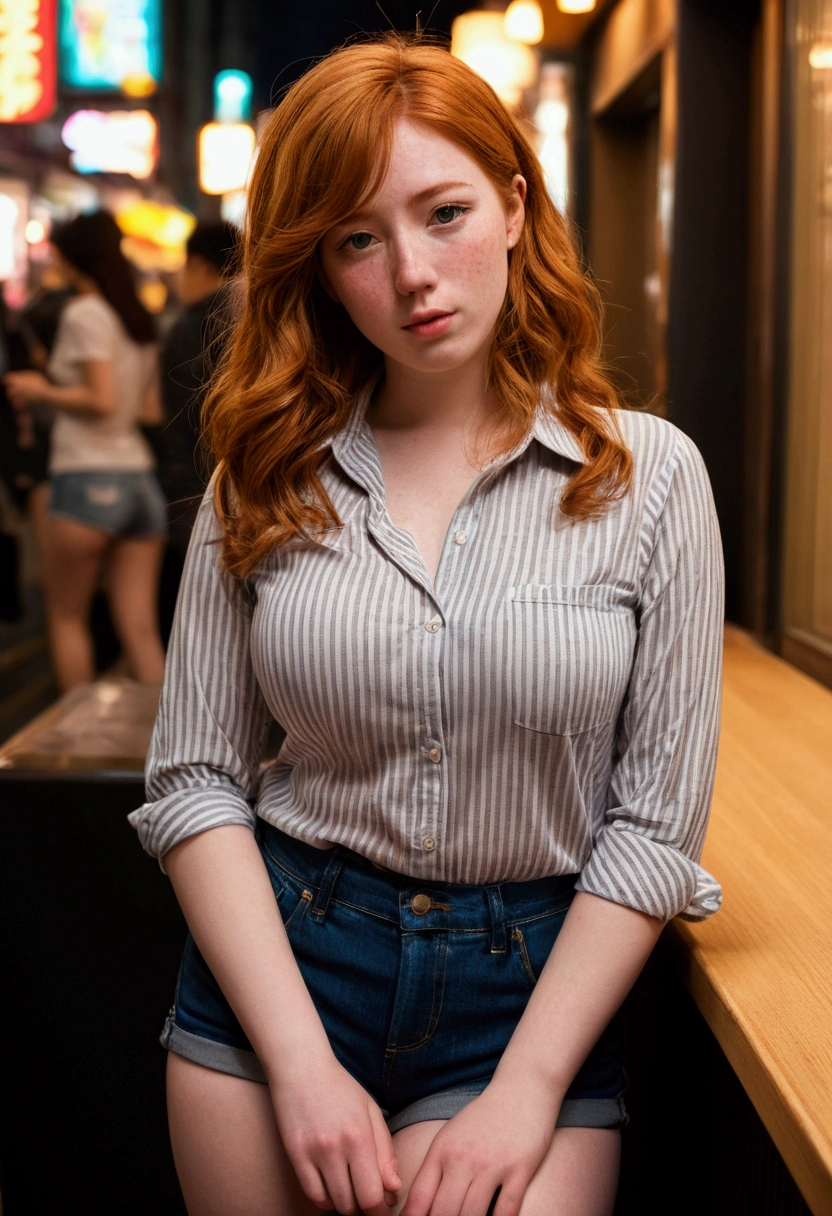 women, Irish, 20 years old, ginger semi wavy hair, by the wide, big breasts,big legs, freckles on the breasts, grey eyes,, from afar, Whole body, Shinjuku Kabukicho, evening, multiple penis fellatio, (striped shirt, horizontal stripes), denim shorts, shy, blush, (sensual rubber expression), (drunk blush, dream style), . shallow depth of field, vignette, Very detailed, Big budget Hollywood movie., bokeh, cinemascope, moody, epic, gorgeous, film grain, grainy