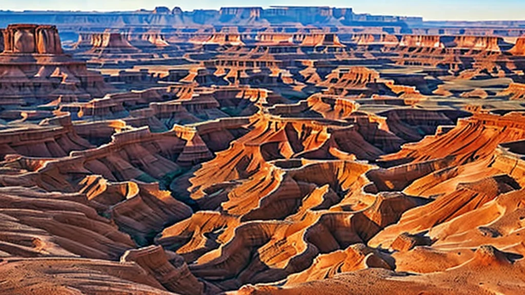 Capture the rust-red, eroded landscape of Utah's Canyonlands National Park, where the Colorado River winds its way through the ancient, sandstone formations, as the sun sets over the vast, desert expanse