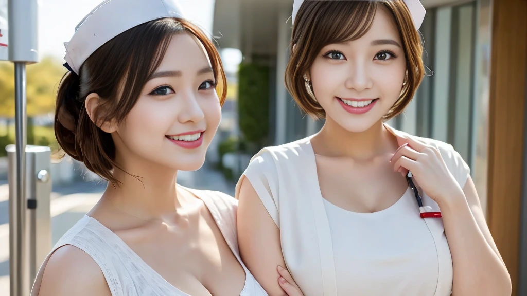 Close-up: Beautiful, curvy nurses are taking commemorative photos in white nurse uniforms at the hospital entrance. Lipstick, smile, short hair
