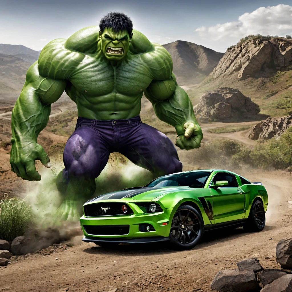create image real colt car with hulk skin theme, on the valley, realism, photorealistic, detailed visuals