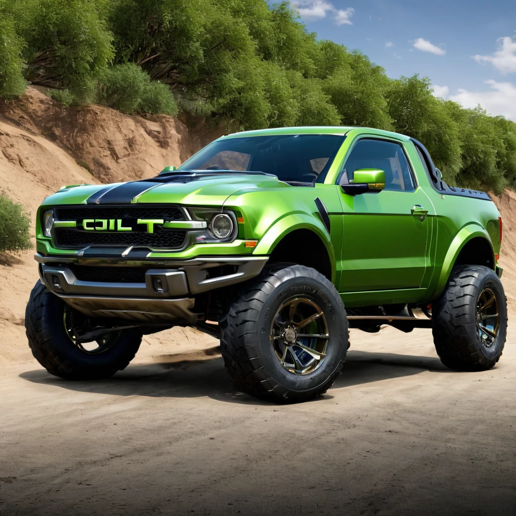 create image real colt car with hulk skin theme, on the valley, realism, photorealistic, detailed visuals