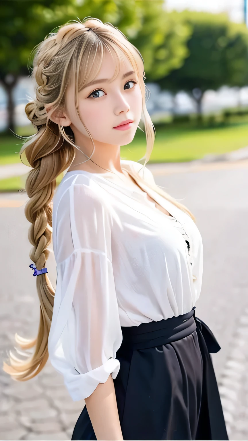 Sexy Big 、Sexy cute looks and cute  beautiful girl, beautiful and sexy face、A strong wind blows my hair in front of my face、beautiful long blonde French braided hair、beautiful, Cute and sexy eyes hidden behind long bangs