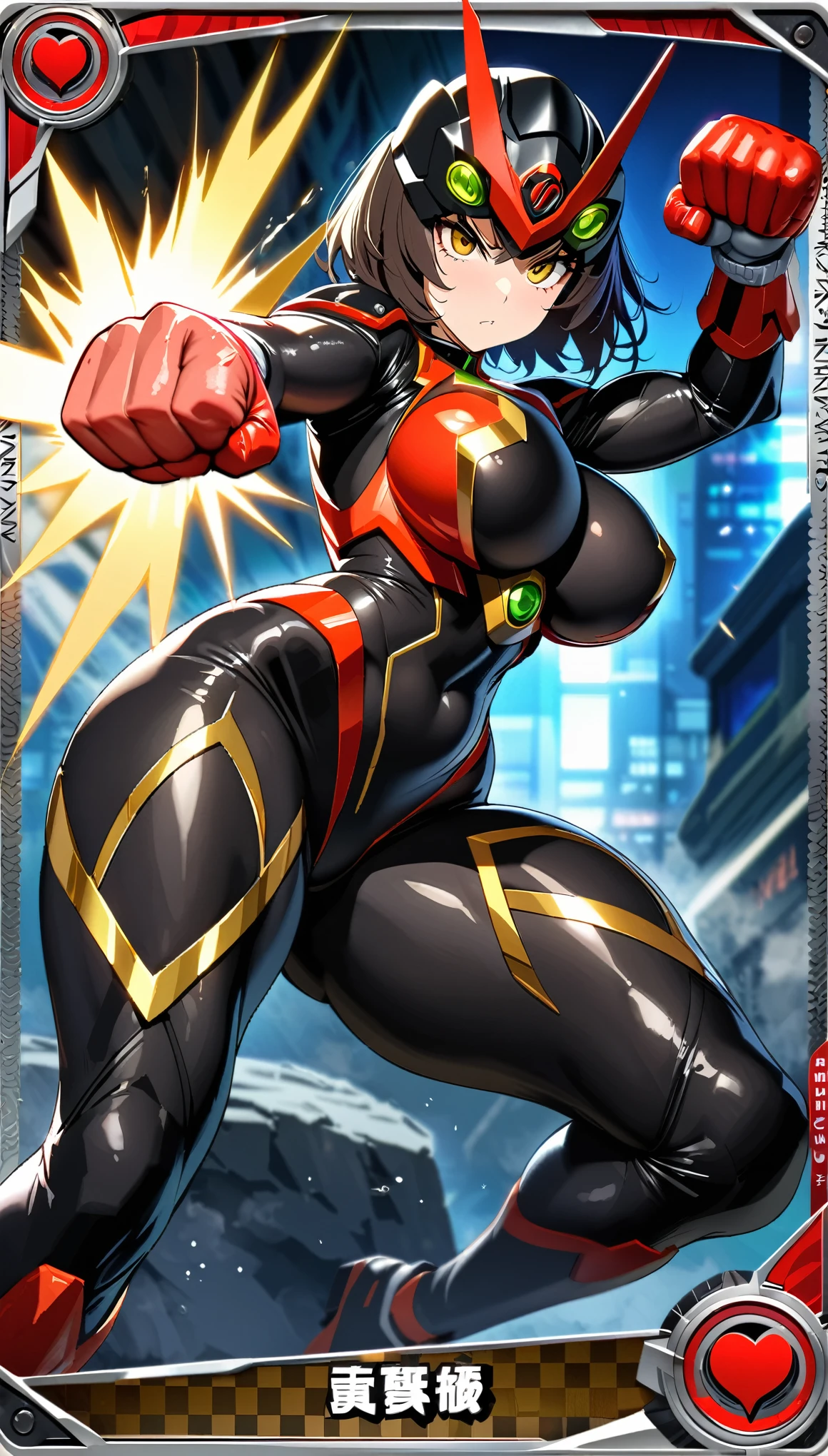 (masterpiece:1.2,Highest quality,Highest quality,High resolution,Very detailed),8k,1 female, female heroinle Kamen Rider,(dynamic fighting pose:1.5),(Dynamic hair movement:1.2),(short hair),(Kamen Rider Helmet:1.5),(Shiny Kamen Rider Suit:1.3),(Glowing Skin,Big eyes,Droopy eyes,Long eyelashes,Beautiful thighs,Beautiful Hair,Beautiful Face,Beautiful Eyes,Beautiful body,Beautiful breasts,Beaueet,Beautiful fingers,Voluptuous,Muscular),((hands)),((Rider Punch:1.5)),(Serious),(The background is Prism Flash),((Beautiful trading cards,Gold Card)),((kamanrider))