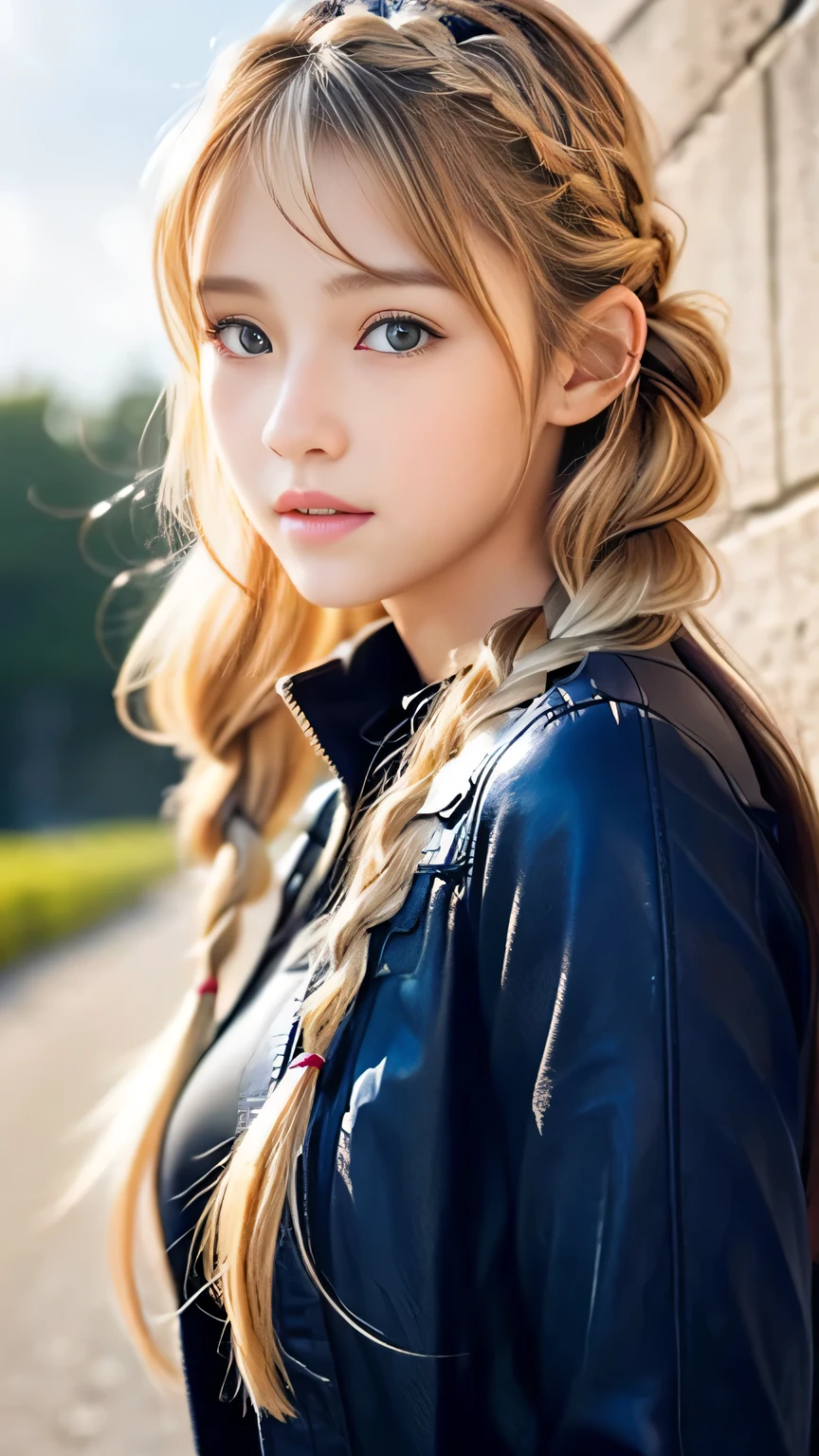 Sexy Big 、Sexy cute looks and cute 15 year old beautiful girl, beautiful and sexy face、A strong wind blows my hair in front of my face、beautiful long blonde French braided hair、beautiful, Cute and sexy eyes hidden behind long bangs