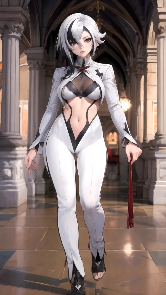 thick outlines, comics, photorealistic, perfect hands, masterpiece:1.2, body and face close, ass pov, beautiful figure, red crosses instead of pupils, full length (full body 1.1), кафедральный cathedral, Dark, Gothic,  detailed background, snow, cathedral, 1 girl, One, White hair, black hair, multicolored hair, X-shaped pupils, black eyes, Arles_suit, , detailed background, detailed face, detailed eyes, 