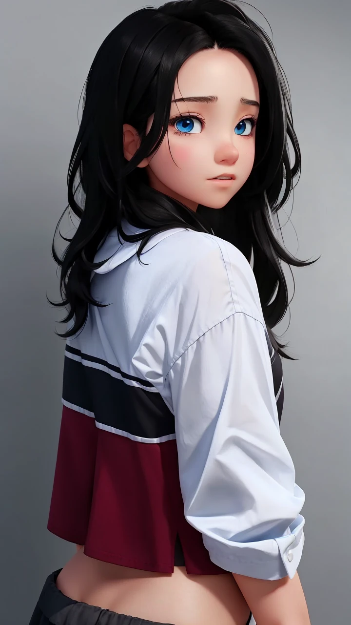 girl, black hair, blue eyes, white sleeve shirt