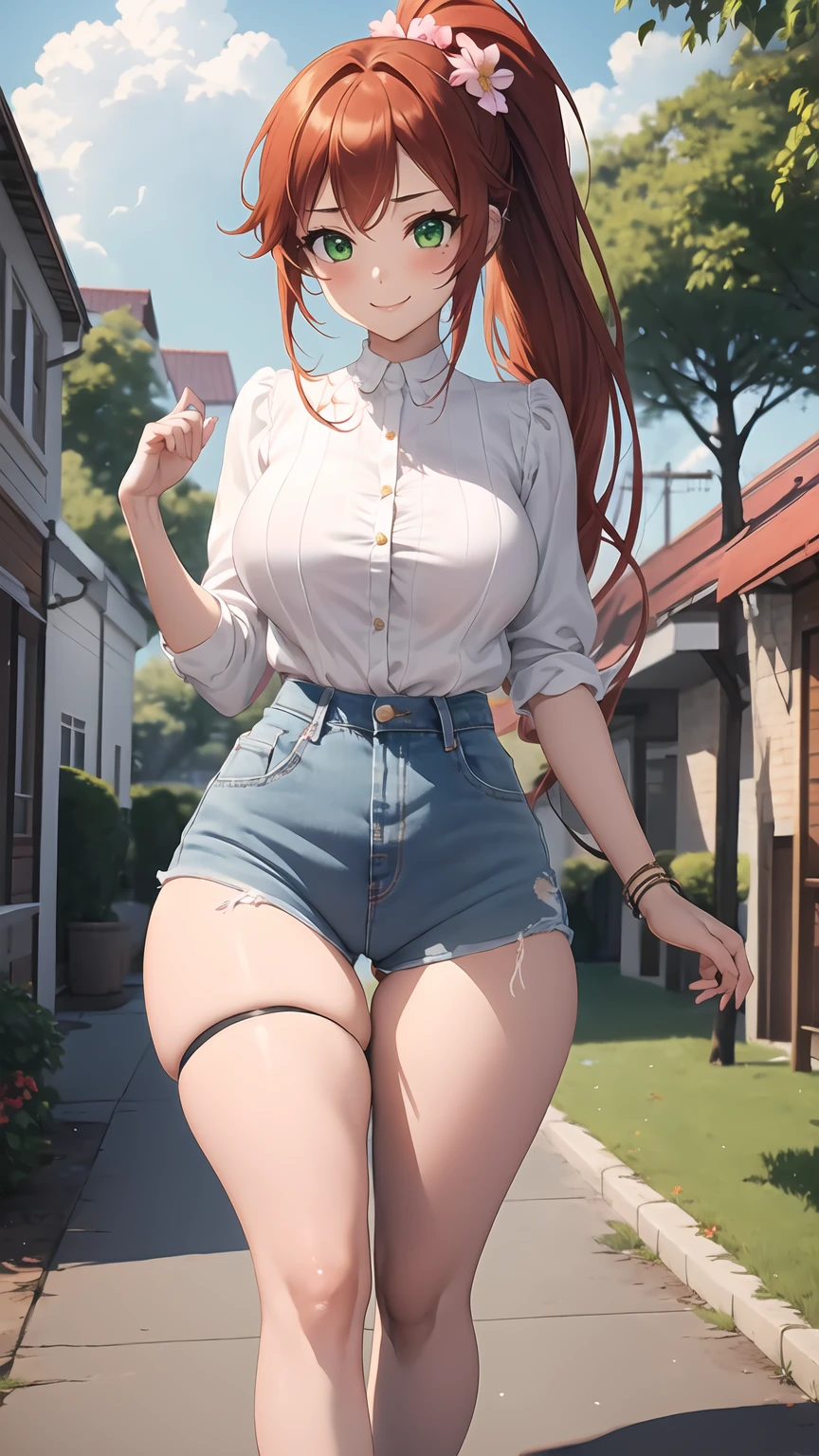 1girl, anime girl, anime, girl, 2d girl, 18y, (fullbody), standing, green eyes, smiling, blush, (long hair, single ponytail, red hair), ((blouse)), Solo, big , big breasts, sfw, Tight Shorts, low waist shorts, upshorts, the city background, flowers, afternoon sky, looking at viewer, darker shadows, (((sexy))), (((shorts))), (((absurdres))), (((thigh gap))), cameltoe, (((cameltoe))), (((cleft of venus))), (((lowleg shorts))),
