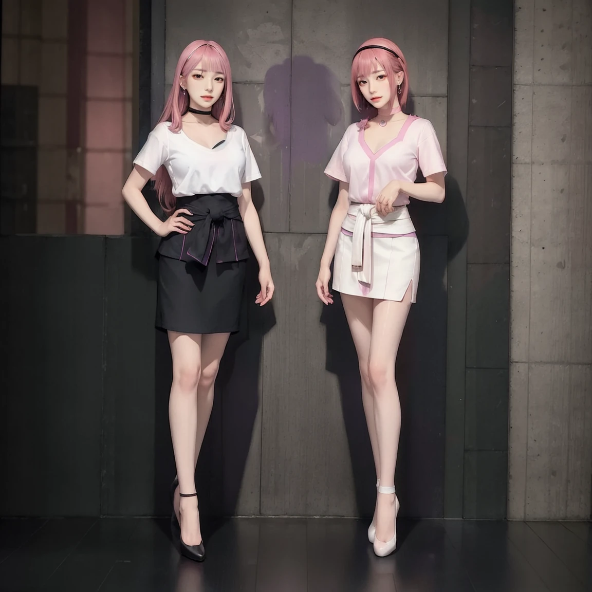 (masterpiece, Highest quality, Intricate details, chromatic aberration), (Realistic),(skin), ((breathe)),(Pink Hair, Blunt bangs),Detailed Hair, Red headdress, Blue Highlights, Hair on one eye, Purple eyes, Earrings, Sharp eyes, choker,((White shirt short sleeve)),((black pencil short skirt)),((Symmetrical eyes)),((Perfectly symmetrical body)),(Pure Eros Face_v1:0.3), night,(((Natural light))),Backlight, Against a grey wall, Dim lighting ,View the viewer,((Center shot, from the front,(Face and waist))), (uniform), (full body:1.8), (three view drawing, front and back and side, character sheet:1.3)