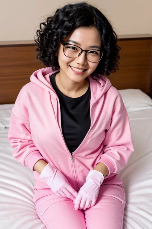 A Japanese woman with glasses and black hair, natural curls, wearing a sweatshirt and jeans, lying on her bed in her room and wearing large pink rubber gloves and smiling gently