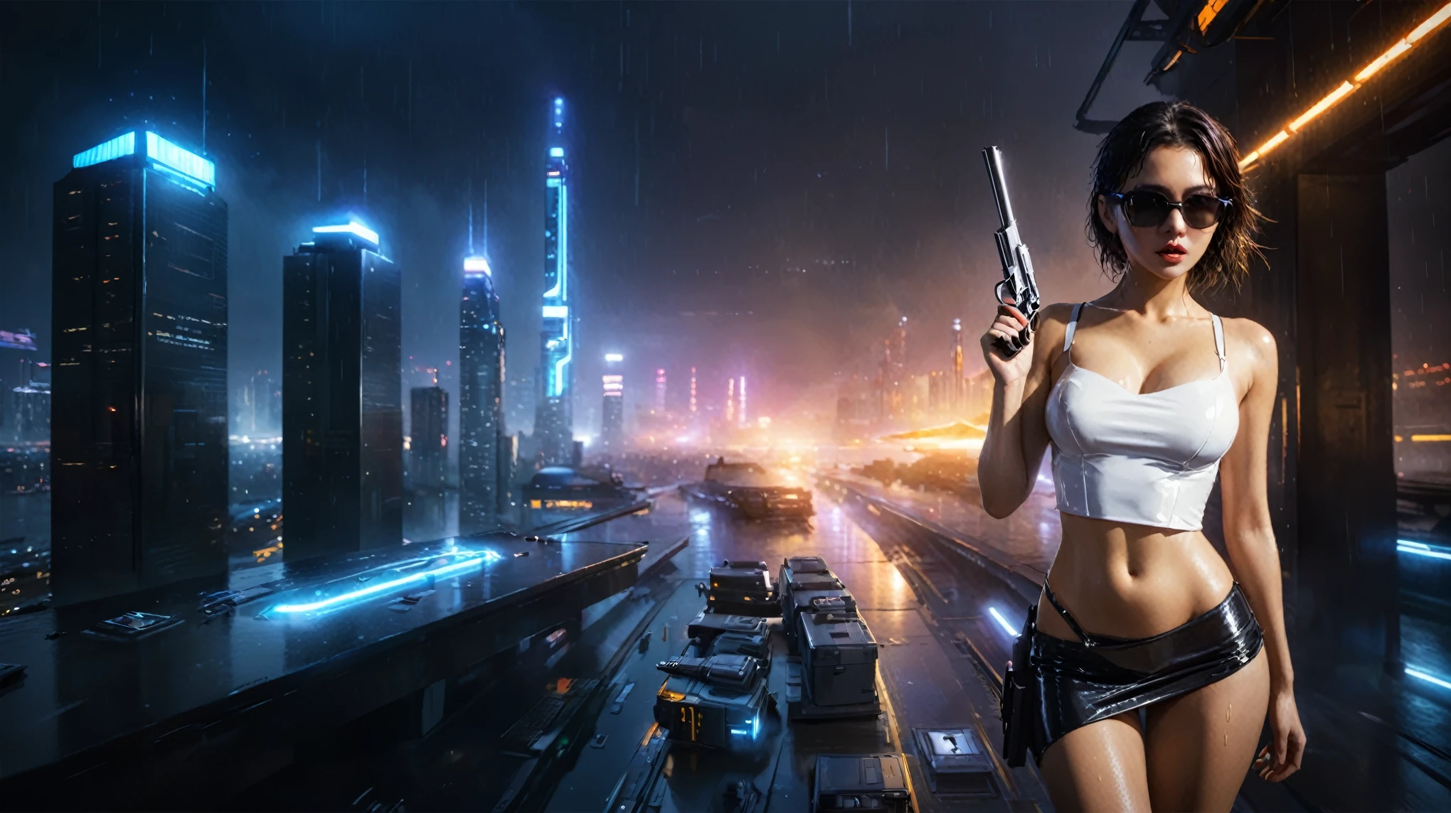 (((aerial view))), (flying cars docking platform), Blade Runner style futuristic railway platform, neon lights, rainy night. (1girl, solo, alone), large-breast:1.2 slim body, cleavage:1.1, sexy wind blowing wet dress:1.4, headphone, (black sunglasses), (((she raised a pistol:1.8 and shot:1.8 the viewer))), dynamic pose, (((half-body thigh level medium shot))), cinematic lighting, lens flare, ray tracing, zoom-in blurred:1.4 background.