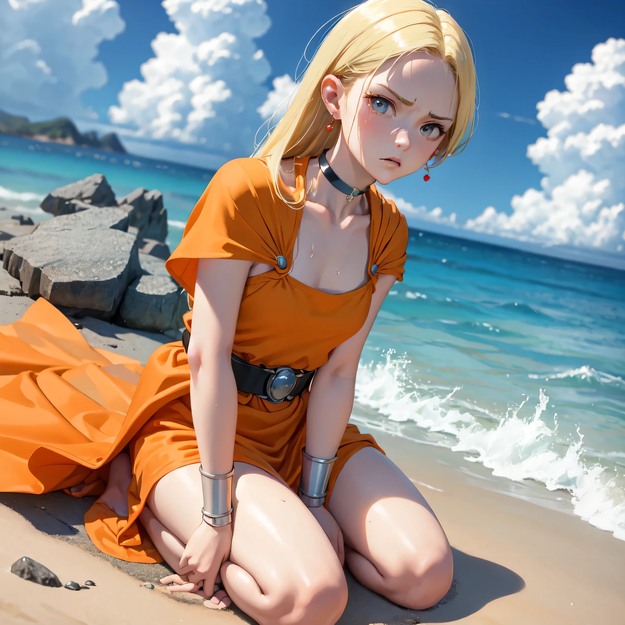 masterpiece, Highest quality, DQ Bianca, 1 person, Single Blade, Earrings, choker, Orange Cape, Green Dress, belt, Small breasts, Sitting, Upper Body, Kneeling, Turn your body forward, hot, Sweating a lot, Wipe away sweat, looking at the camera, Ocean辺, Ocean, angry
