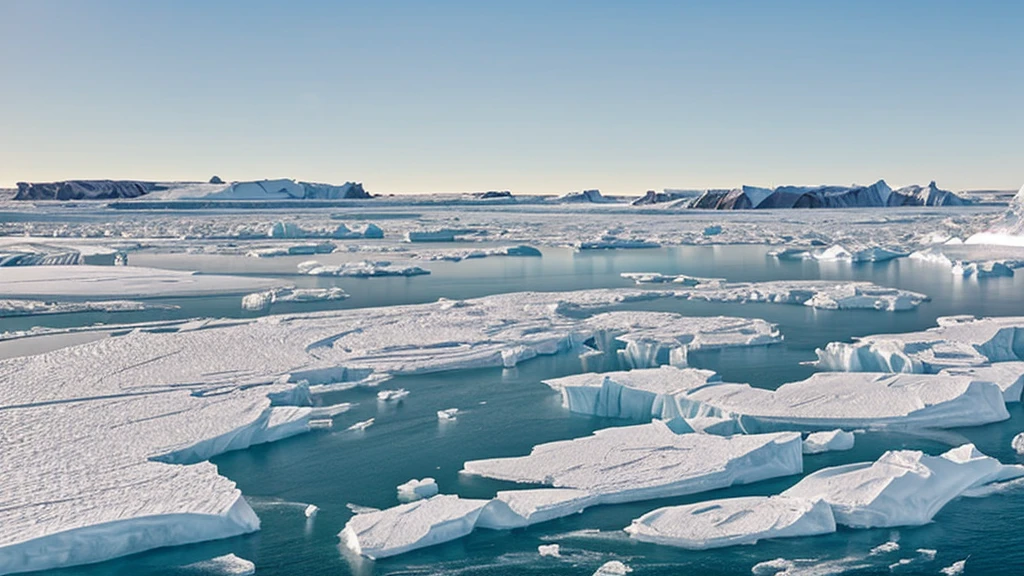 Fly over the frozen, Arctic waters of Ilulissat, Greenland, where towering icebergs, sculpted by the forces of nature, drift towards the camera, their crystalline surfaces glinting in the polar light