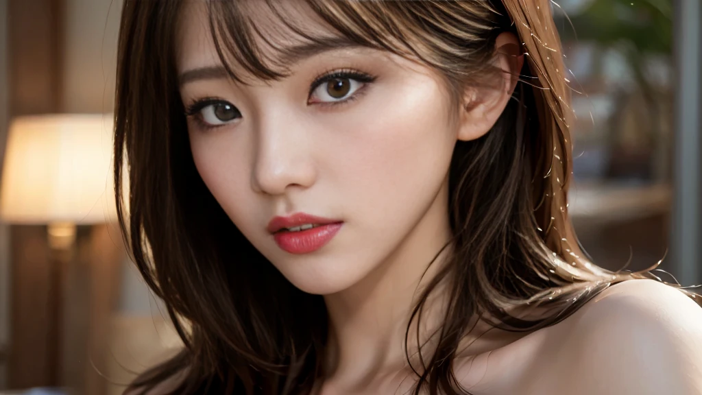 Highest quality、4K、High Resolution、masterpiece:1.2)、Super detailed、Real:1.37、Strong lighting、traditional background、Seductive pose、Intense eye contact、Detailed facial features、Flowing Hair、Sensual、Huge breasts、Bright red lipstick、Dewy, radiant skin、Suggestive dildo position、Captivating Gaze、Top view、Eye contact from a man Japanese