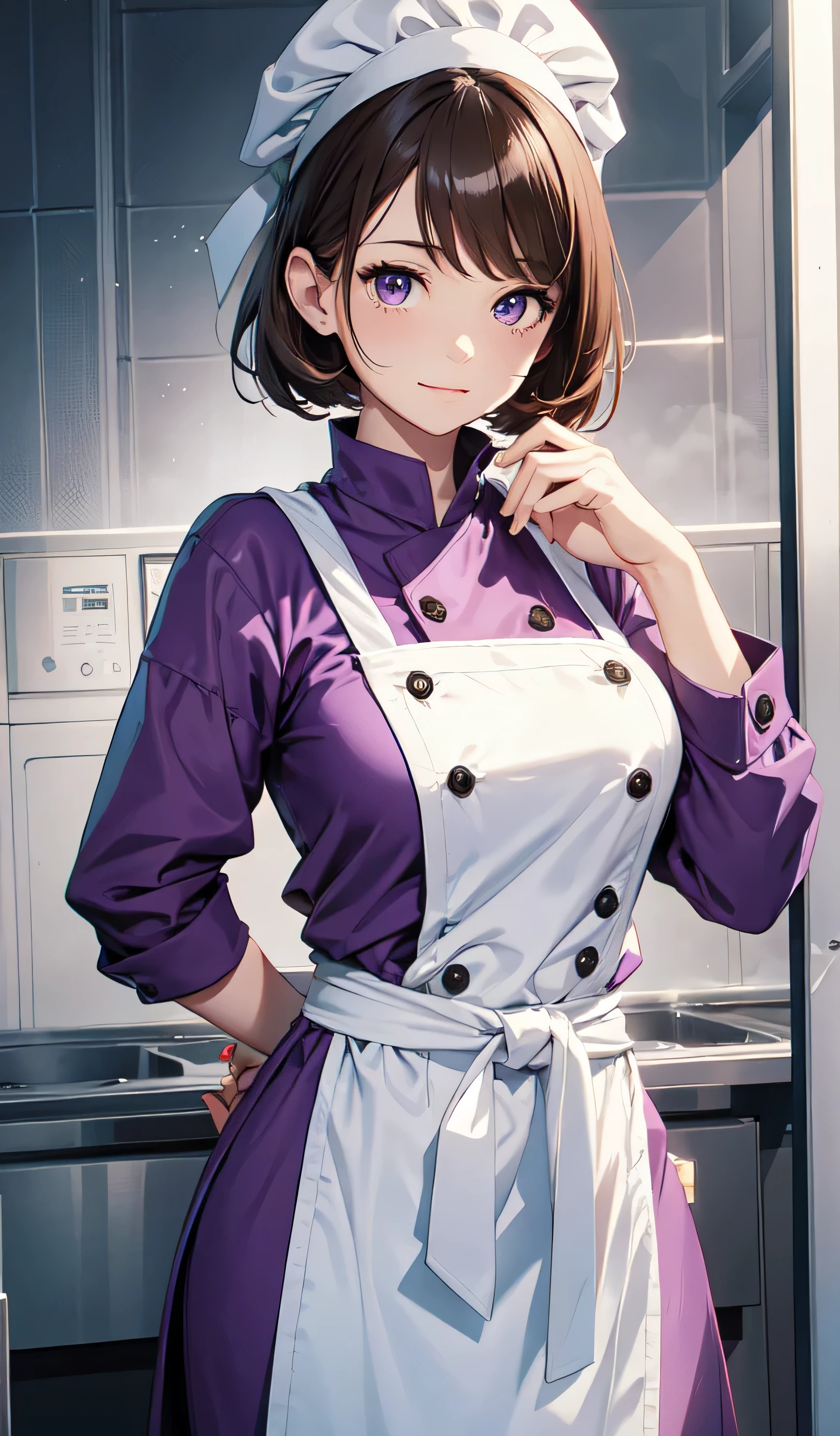 beautiful detailed girl, brown hair, purple costume, Chef in classic attire, short hair, chef hat, Pose with hands hidden behind waist, Youthful expression, brown eyes