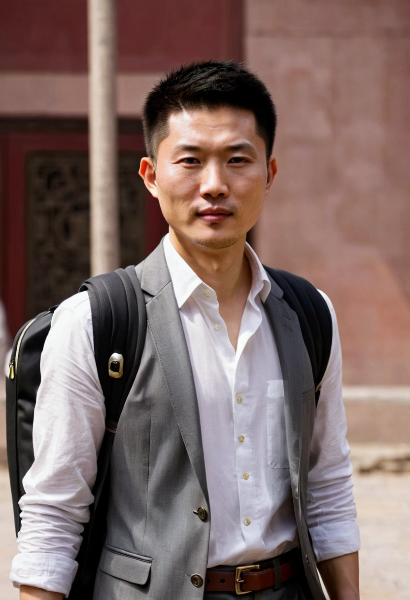 Chinese men traveling,front,Upper Body