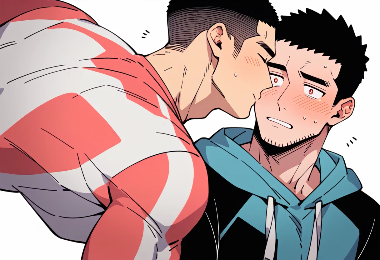 anime characters:Priapus and Dark-skinned muscular athlete, They hugged each other, kiss, Buzz Cut, Manliness, male focus, Sports tight hooded sweatshirt, Very tight, full and perky chest muscles, muscular male, muscular, only, Upper body, alone, Red short hair, Thick eyebrows, stubble, Brown-red pupils, White background, simple background, amazing quality, best aesthetics, Ridiculous, crew cut, parted lips, flustered, endured face, shy, blush, negative space, negative space, best quality
