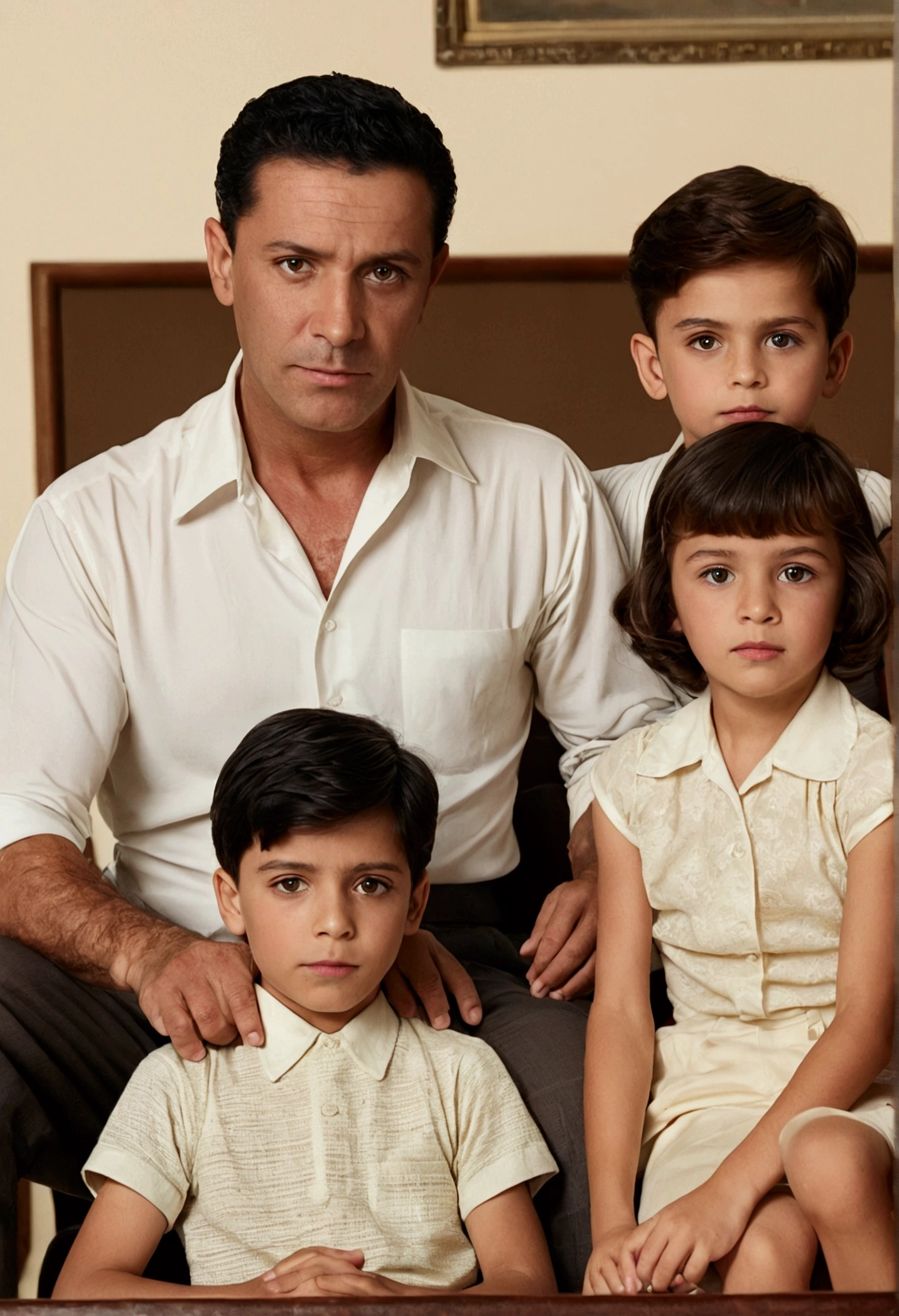 Three brothers and their parents in the 1950s sitting in a lounge. Um menino tem dez anos e brown-haired and brown-eyed. The second boy is eight years old and has black hair and brown eyes.. The third is six years old and has honey-colored hair and brown eyes.. The mother is 35 years old, brown-haired and brown-eyed. The father is 40 years old, black hair and brown eyes.