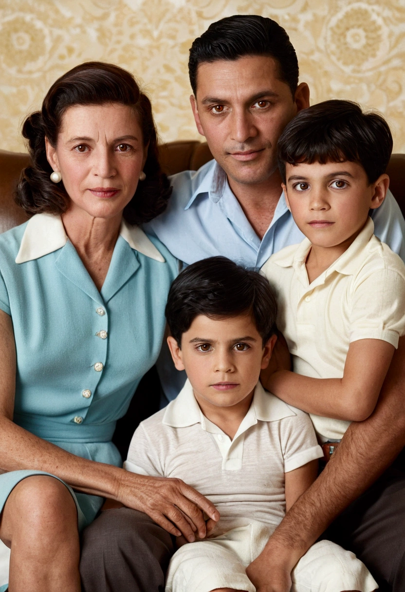 Three brothers and their parents in the 1950s sitting in a lounge. Um menino tem dez anos e brown-haired and brown-eyed. The second boy is eight years old and has black hair and brown eyes.. The third is six years old and has honey-colored hair and brown eyes.. The mother is 35 years old, brown-haired and brown-eyed. The father is 40 years old, black hair and brown eyes.