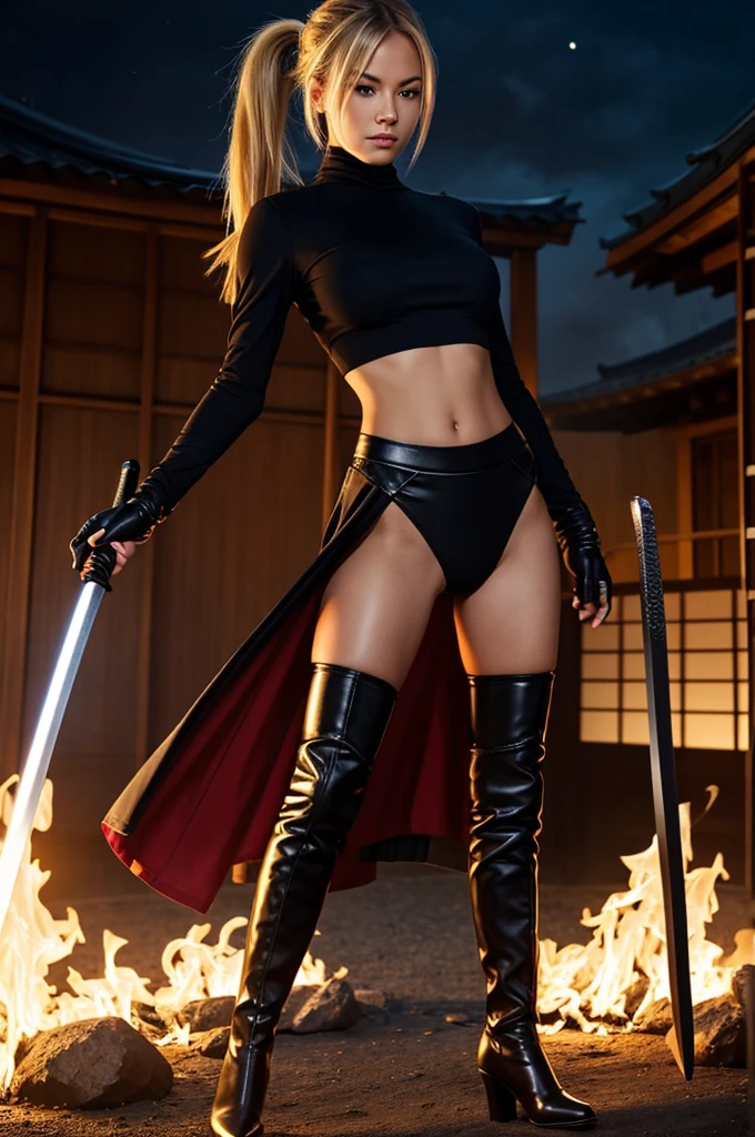 masterpiece, best quality, 1girl, blonde_hair, ultra detailed face, long eyelashes, red_eyes, boots, breasts, clenched hand, clenched hands, crop top, full body, gloves, knee boots, ultra long ponytail hair,  ultra detailed dark wings, medium breasts, Blue skirt, midriff, navel, long fringe hair, solo, standing, thighhighs, turtleneck, black leotard, ninja, (holding a long samurai sword, long perfect katana, glowing sword), burning japanese village backdrop, danger atmosphere, grim, stance, full body with costume