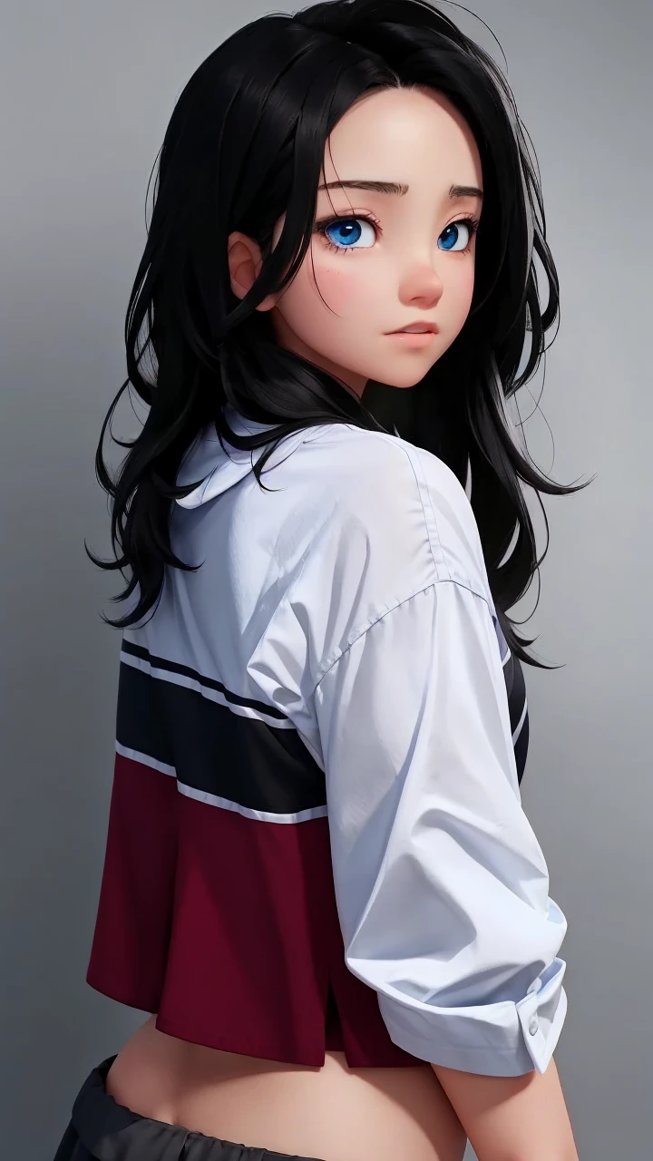 girl, black hair, blue eyes, white sleeve shirt