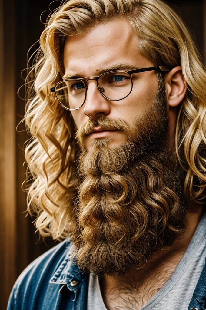 A man with an angle of the jaw, blond hair, a beard, and blond sibyl with glasses, curly hair