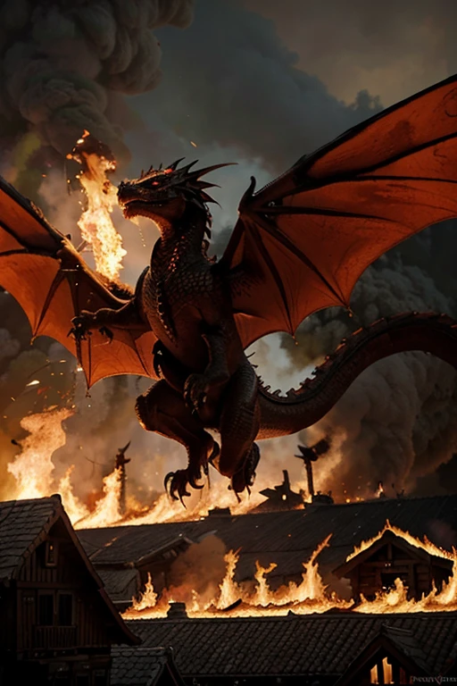 The Dragon, spreading his wings, attacks the village with fire. Wooden houses are burning. People are running away.