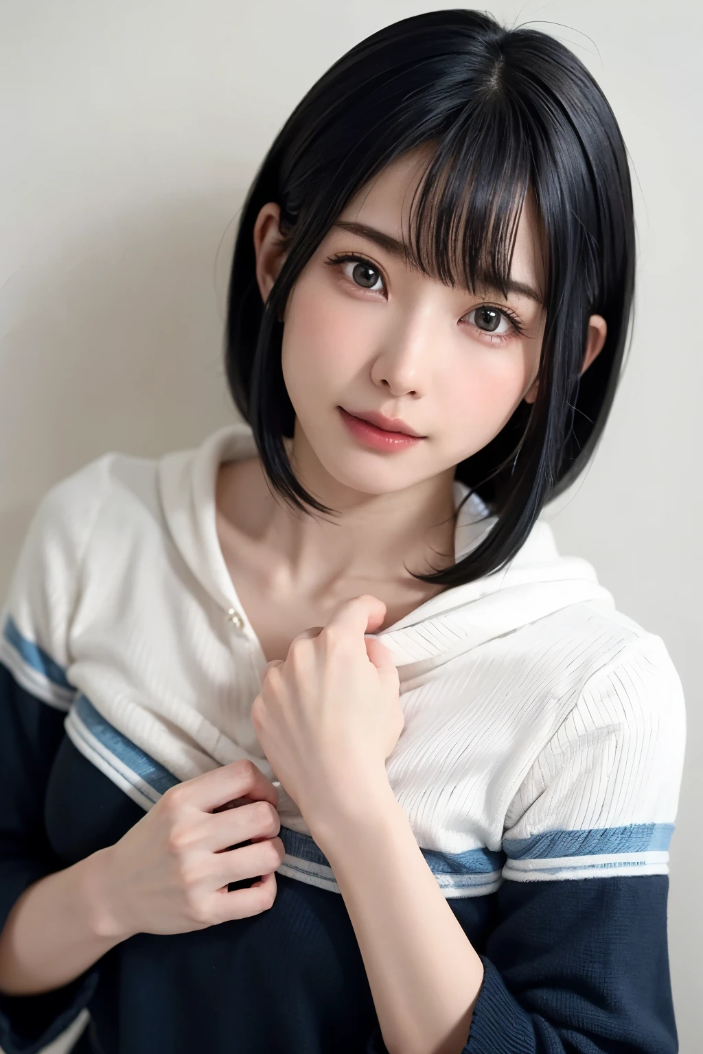 Everything is beautifully detailed:1.6,masterpiece、Highest quality、1 girl, alone, alone focus, Cowboy Shot, Portraiture, Oversized hoodie, Blue and white hoodie, half水彩画, half, ((Black Hair)), (Shiny Hair), (Gradient Hair :1.5), Curly Hair, ((Beautifully drawn delicate eyes)), Very detailedな目, Sunburn, (Dark caramel skin:1.1), Highest quality, Very detailed, White Background, Simple Background、{Huge|big|Hugeな|Mega} chest:2, chestの谷間:2、開けたchest、Perfect Anatomy、Cute Smile、short hair:2、bangs、Listen carefully、Beautiful long neck、Perfect Anatomy