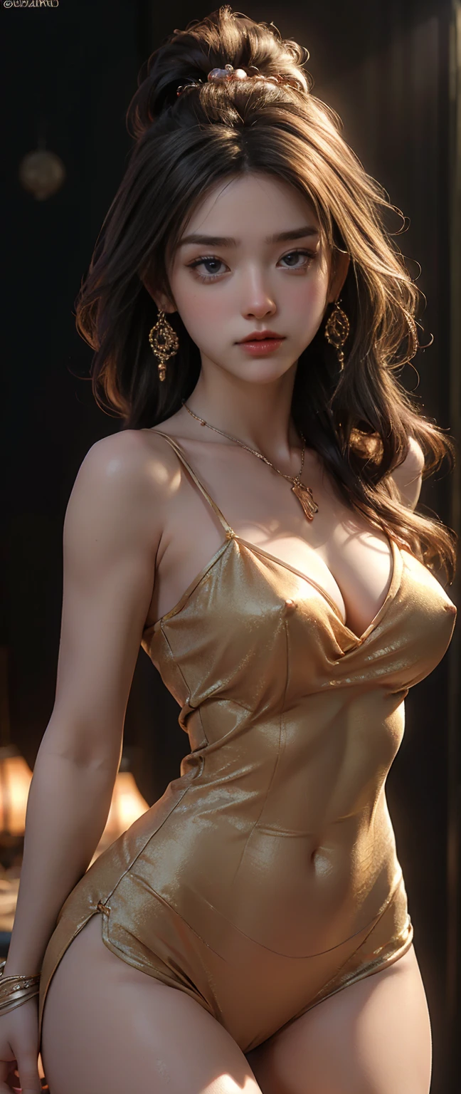 最high quality, masterpiece, High resolution, One girl,China dress,hair ornaments,necklace, jewelry,Beautiful Face,On top of that_body, Tyndall effect,Realistic, Dark studio, Rim Light, Two-tone lighting,(Skin with attention to detail:1.2), 8k uhd, Digital SLR, Soft lighting, high quality, Volumetric lighting, Frank, photograph, High resolution, 4K, 8k, Bokeh,Big eyes、Well-formed face,（（（Beautiful Abs、Beautiful cleavage、Sexy thighs、Protruding nipples、beautiful pussy line）））、necklace、Earrings、Anklet Accessories、