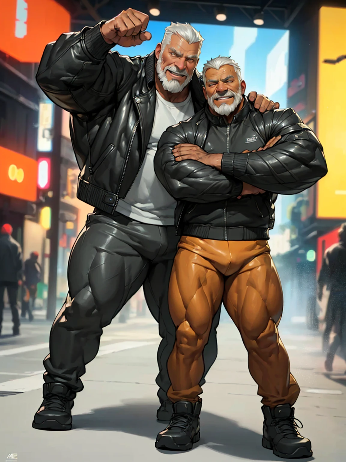 huge muscular old man, standing, smile, happy, wearing leather jacket, open jacket, thick arms, wide pectoral, full body, front view, (best quality,4k,8k,highres,masterpiece:1.2),ultra-detailed,(realistic,photorealistic,photo-realistic:1.37),HDR,UHD,studio lighting,ultra-fine painting,sharp focus,physically-based rendering,extreme detail description,professional,vivid colors,bokeh,portrait,realism