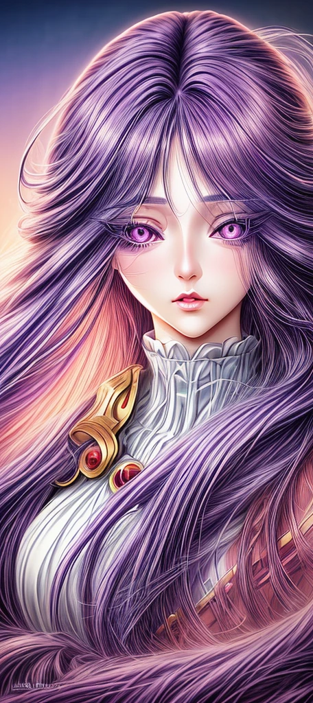 a long purple haired girl, anime style,beautiful detailed eyes,beautiful detailed lips,long eyelashes,colorful,soft lighting,digital painting,vibrant colors,