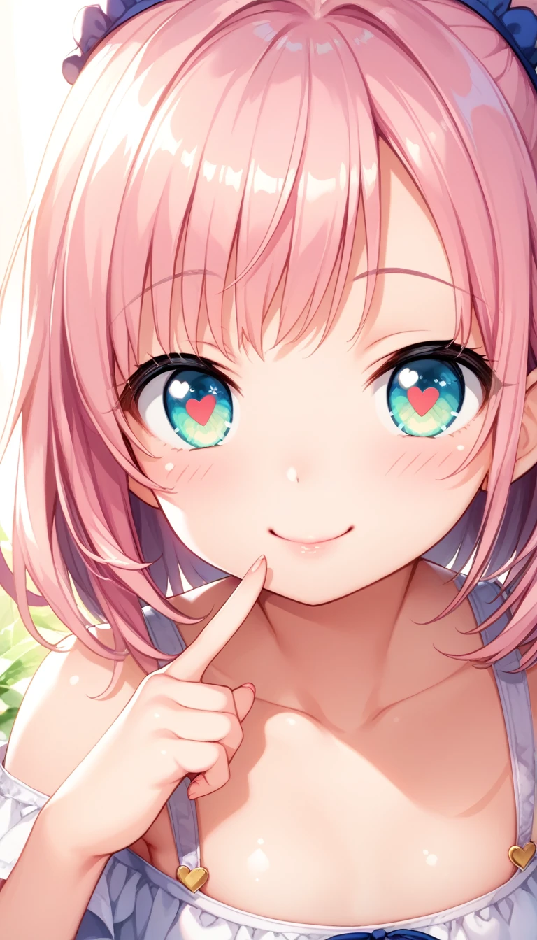 1girl, tiny girl, young girl, mesugaki, mesugaki smile, Teasing, naughty looks, heart eyes, A girl pointing to her own head, a girl putting her finger to her head,, Focus on the girl, glossy skin, oily skin, Close-up of the face, Masterpiece:2, Top Quality, high Quality, Very Detailed, ultra High Resolution, super High Resolution, Beautiful Detail, Dynamic angles, perfect lighting, 8k, Animation Style, cartoon style, game cg, sfw,