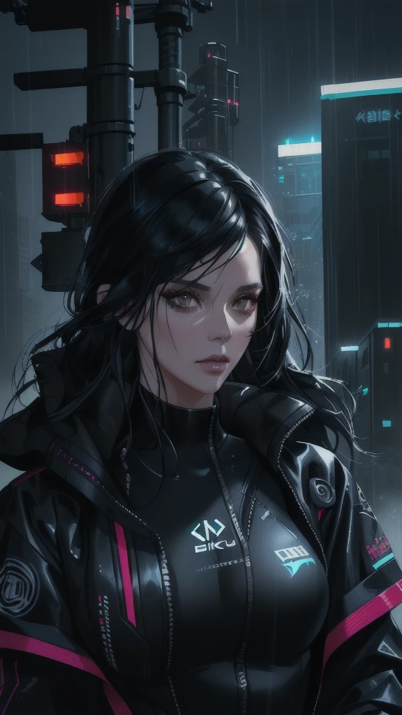 there is a woman in a wet suit standing in the rain, the cyberpunk girl portrait, cyberpunk digital painting, dark cyberpunk illustration, wojtek fus, jet black haired cyberpunk girl, photorealistic dark concept art, beautiful cyberpunk girl face, cyberpunk portrait, cgsociety portrait, cyberpunk themed art, epic portrait illustration, female cyberpunk, dark but detailed digital art, cyberpunk dark fantasy art