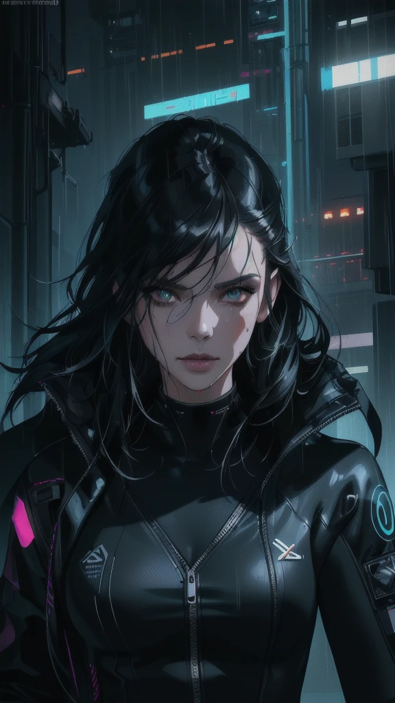 there is a woman in a wet suit standing in the rain, the cyberpunk girl portrait, cyberpunk digital painting, dark cyberpunk illustration, wojtek fus, jet black haired cyberpunk girl, photorealistic dark concept art, beautiful cyberpunk girl face, cyberpunk portrait, cgsociety portrait, cyberpunk themed art, epic portrait illustration, female cyberpunk, dark but detailed digital art, cyberpunk dark fantasy art