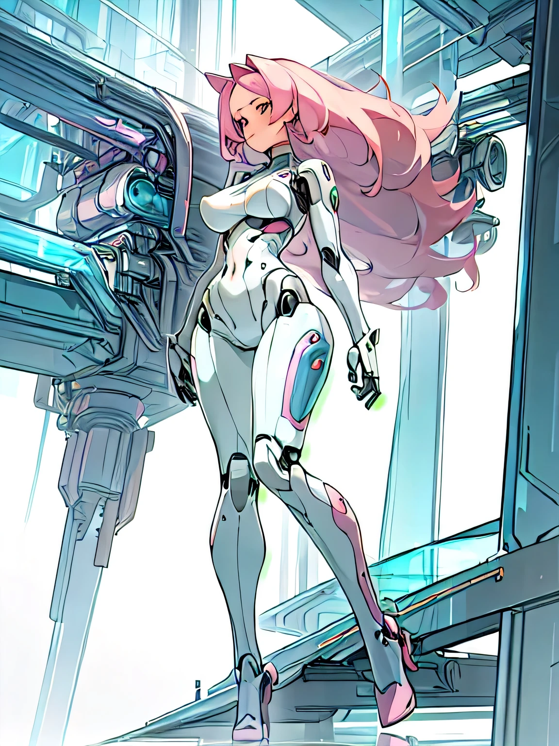 best quality,(1girl, solo, adult female, mature female), pastel pink hair, long hair, slanted eyes, 
GlassSteelAI,  pochincoff, GlassSteelAI robot female, hips, narrow waist, large breasts, robot joints,