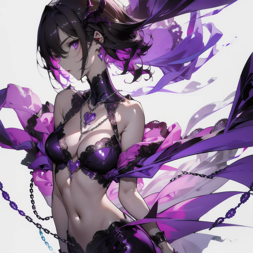 ((masterpiece, best quality)), Delicate face，Succubus，Standing picture，whole body，Perfect body proportions，Long legs，Handsome short hair，Beautiful purple eyes，Fantasy style，White background，Extremely beautiful，transparent，Bare chest，chain，Tattoo，Lace，Heart-shaped decoration