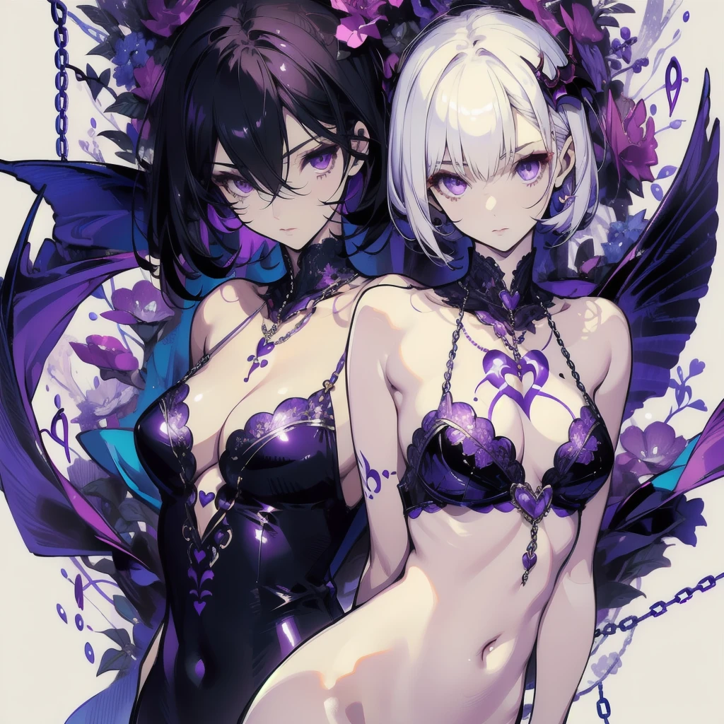 ((masterpiece, best quality)), Delicate face，Succubus，Standing picture，whole body，Perfect body proportions，Long legs，Handsome short hair，Beautiful purple eyes，Fantasy style，White background，Extremely beautiful，transparent，Bare chest，chain，Tattoo，Lace，Heart-shaped decoration