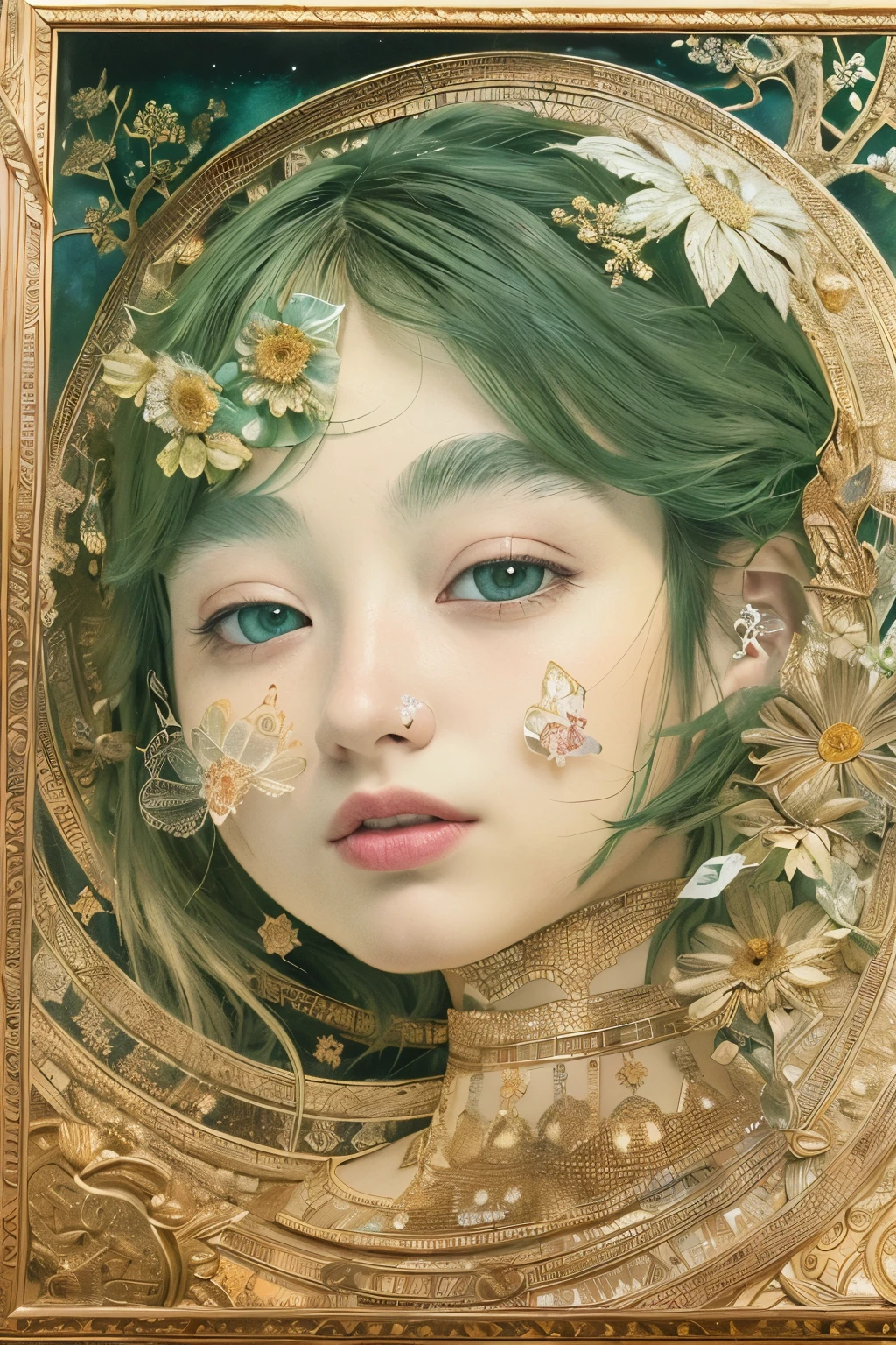 ((((masterpiece))), Highest quality, An illustration, Beautiful details shine,
paper_cut, Detail of a girl's face seen on camera, wood, moon, butterfly,Wind,flower
