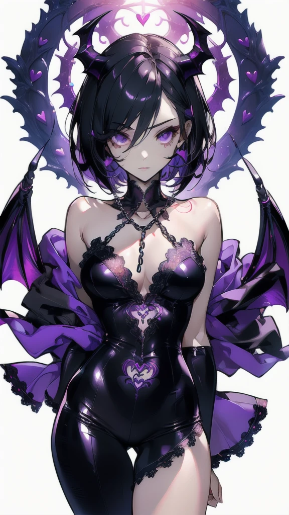 ((masterpiece, best quality)), Delicate face,Succubus,Standing picture,whole body,Perfect body proportions,Long legs,Handsome short hair,Beautiful purple eyes,Fantasy style,White background,Extremely beautiful,transparent,Bare chest,chain,Tattoo,Lace,Heart-shaped decoration