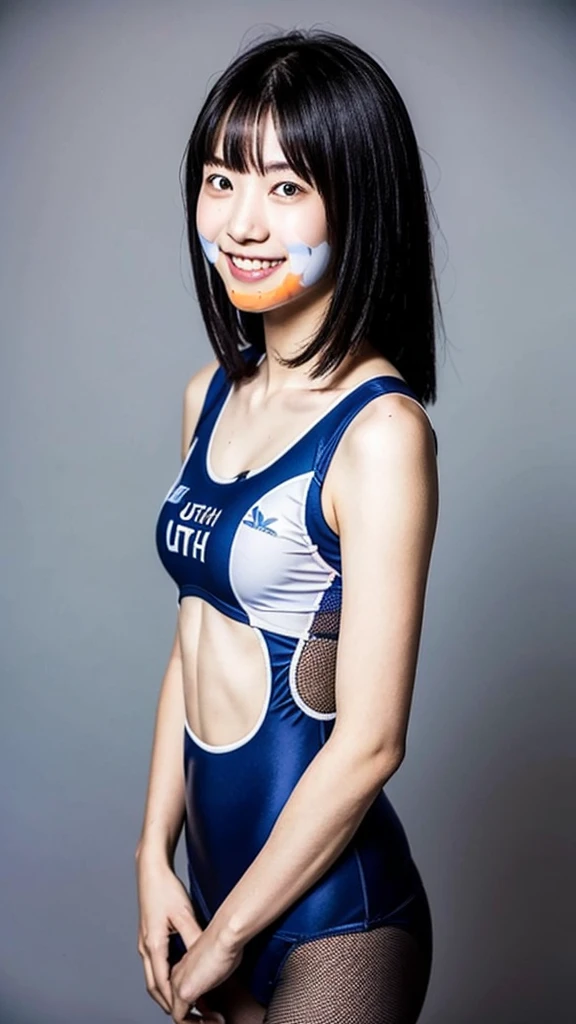 (Highest quality:1.5), (Real:1.4), (Ultra high definition:1.4), (No correction:1.4), (18-year-old girl), (1 Japanese girl with flat chest in eighteen years old), (flat chest), cute face, (Beautiful skin), (bangs:1.1), (Medium Hair), (Navy blue school swimsuit), (barefoot), (18 years old flat chest girl with school swimwear is standing front the plain back ground), (front view of a girl:1.1), (Photo studio), (Plain background), (Upper Body), (smile), (Turn your body forward:1.1), (flat chest:1.1), (upright:1.1), (Portrait:1.1)