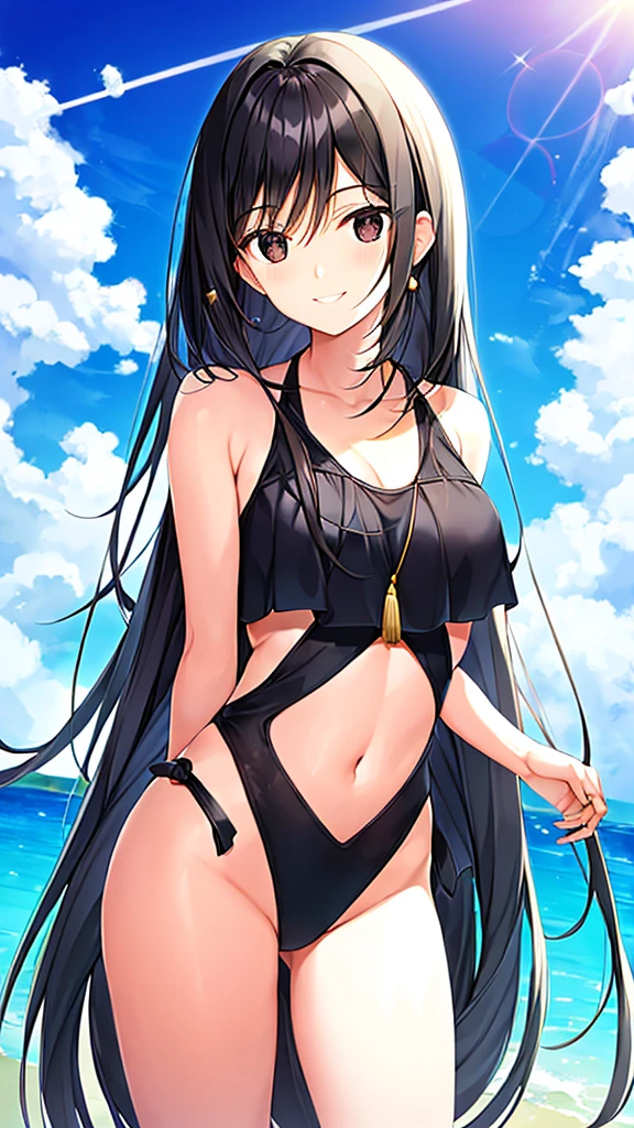 Swimsuit Long straight black hair 22 years old Adult sister Black Eyes Great style smile Directly facing universe space