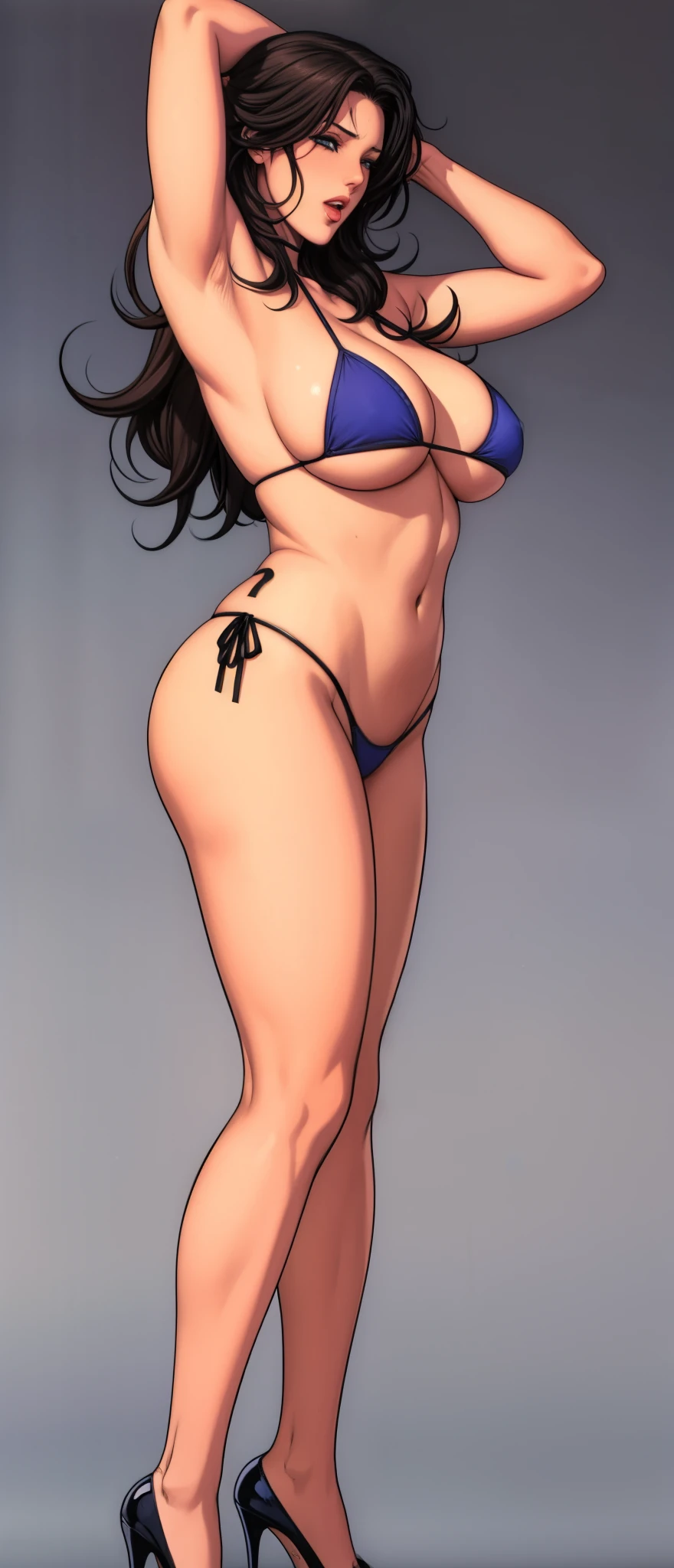 girl,((alone)),Gray background,Artistic lighting,Beautiful Asian Goddess,Long black hair,Long hair down to the waist,Wavy Hair,eyelash, blue eyes, lipstick, ((Black Micro Bikini:1.3)),(Standing with legs spread from side to side),((Show both armpits)),He is touching his crotch with his own hands. ,Massage your own breasts,Tied up woman,whole body写真撮影,Sensual look,(Hair blowing in the wind),Graceful features,No sleeve,Mature Woman,Detailed fingers, Perfect hands, Length 180cm,Small face,sweating,Soft thighs,Sexy legs,Sexy ass, Cleavage,Open the chest,Smooth thighs and legs,((Amazing orgasm)),大きなSexy ass, Wearing high heels,Perfect Body Proportions, Slim waist,Nipples visible,The areola is protruding,Tight waist,(Long legs:1.5),E cup bust,Thighs open,Huge :1.3,perspective:1.2,Looking at the audience,Character-centric,symmetry diagram,whole body:1.5,from the front:1.3,Abdominal shot