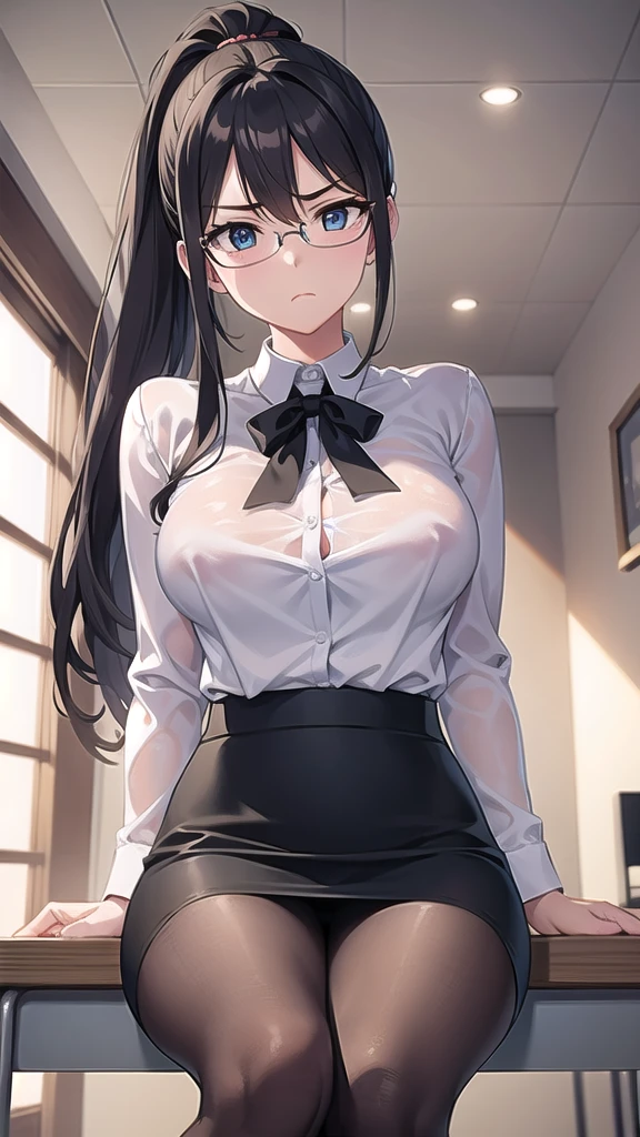 BREAK (masterpiece:1.2), best quality, high resolution, unity 8k wallpaper, (illustration:0.8), (beautiful detailed eyes:1.6), extremely detailed face, perfect lighting, extremely detailed CG, (perfect hands, perfect anatomy),school,hallway,desks,windows,tables,teacher,long haired,ponytail,glasses,hair between eyes, big green eyes, white blouse,cleavege,neckline,unbutton blouse,nipples see through,skirt,brown skirt,long pencil skirt,pantyhose,sitting on table,with cross legs,angry face,from below.
