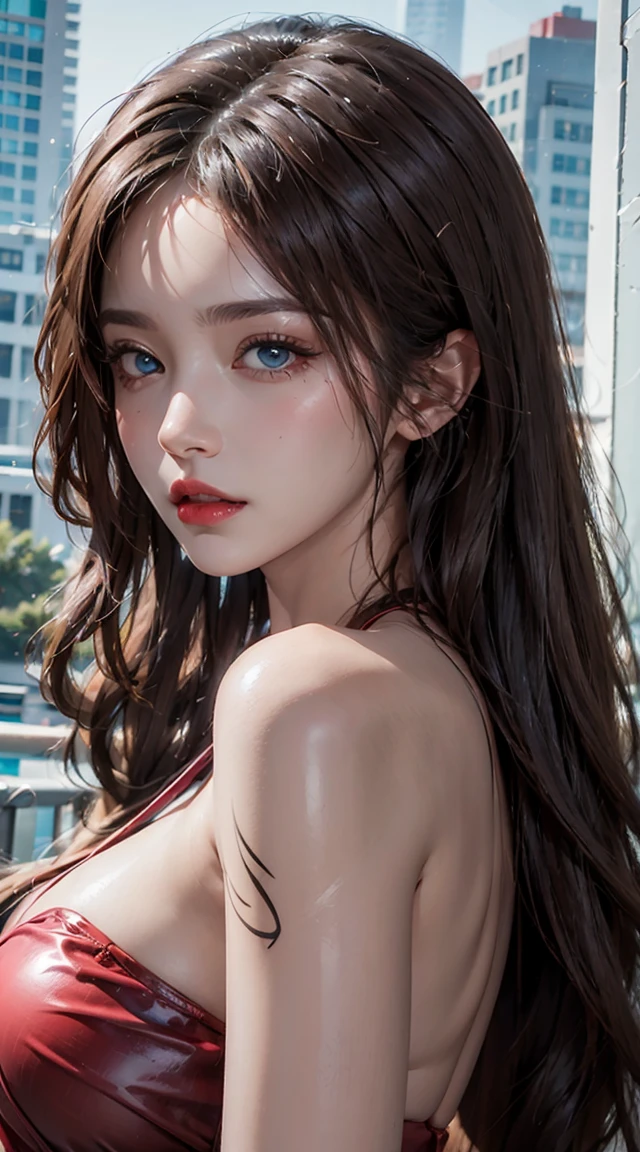 Reality, high resolution, 1 female, Shiny skin, Solitary, Tattoo, Jewelry, Pink lips, Long hair, blue eyes, Shut up, Fashion in 2024，goddess