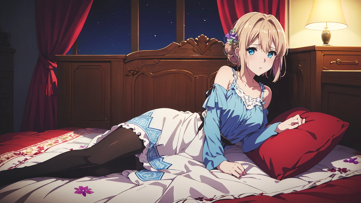 masterpiece,best quality,8k,(violet evergarden \(series\):1.2),beautiful eyes,stockings,blue ice dress,nightgown,on_side,(1girl:1.2),violet evergarden,flower pattern,