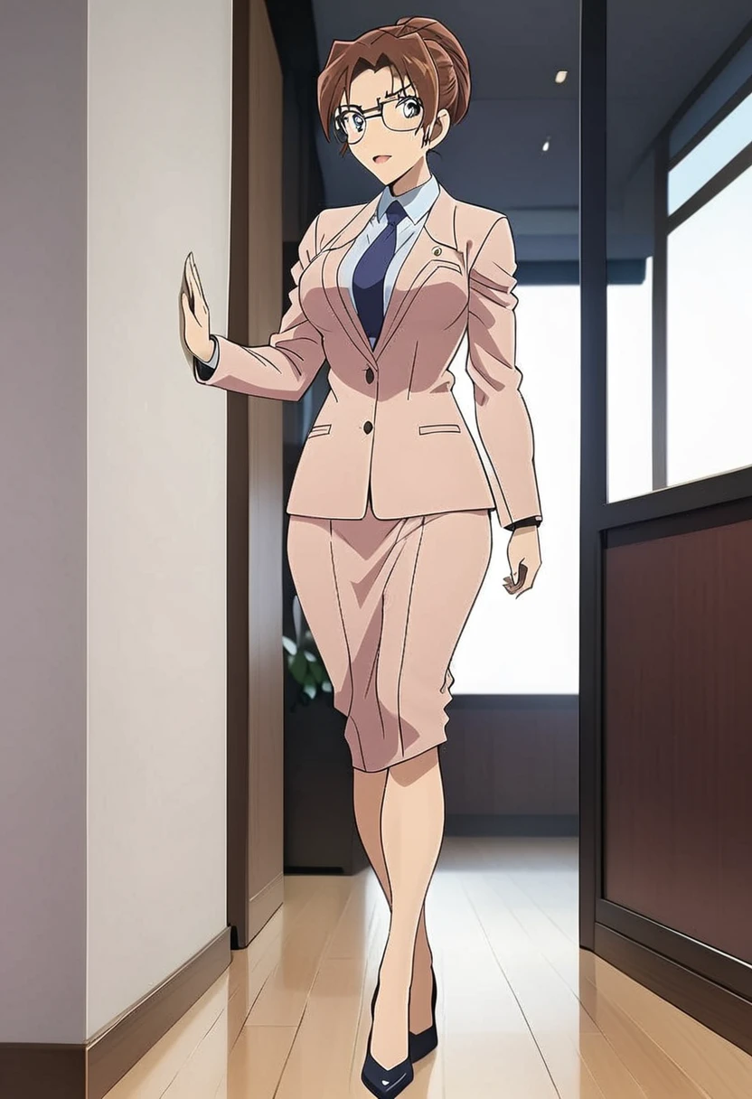 Beautiful lawyer ,(best quality,masterpiece,full body,solo:1.4), Perfect figure, Wearing glasses, anime style, Brown Hair, Charismatic
