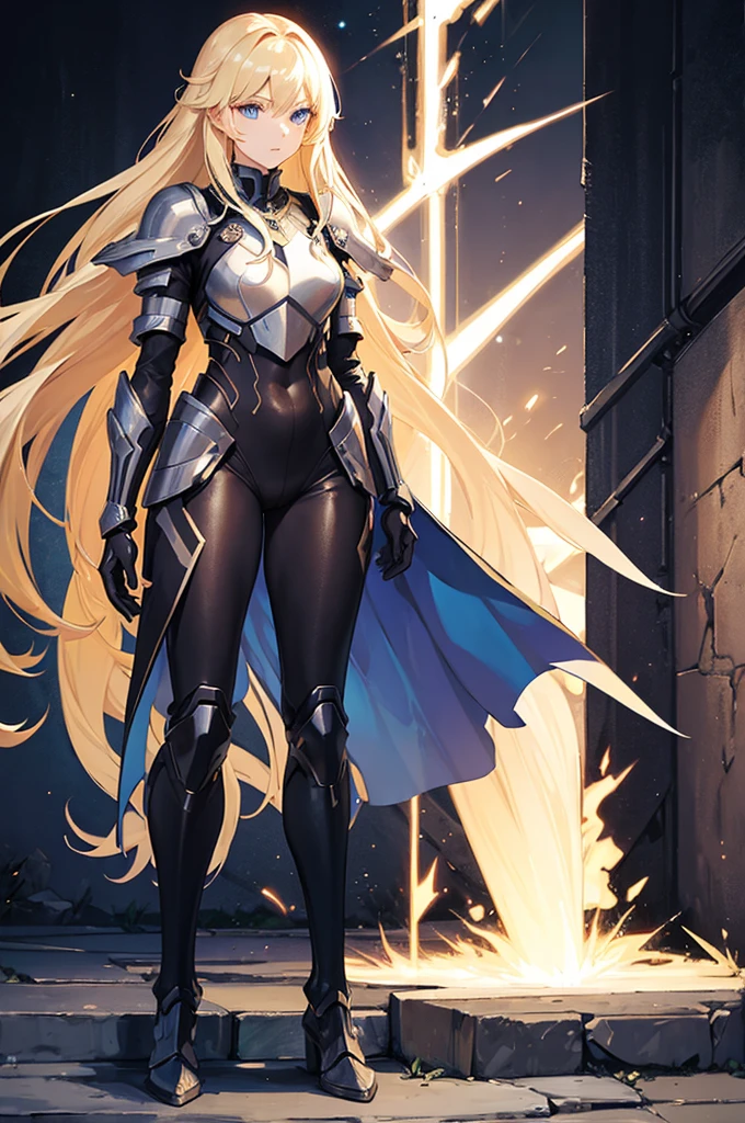 (((full body photo))) 18 years old, long blond hair, flowing blond hair, blue eyes, in a full body black armor with leggings, futuristic, masterpiece, high quality, outsideheroine pose, with a lightning energy in hand, shoulders exposed, gloves, .